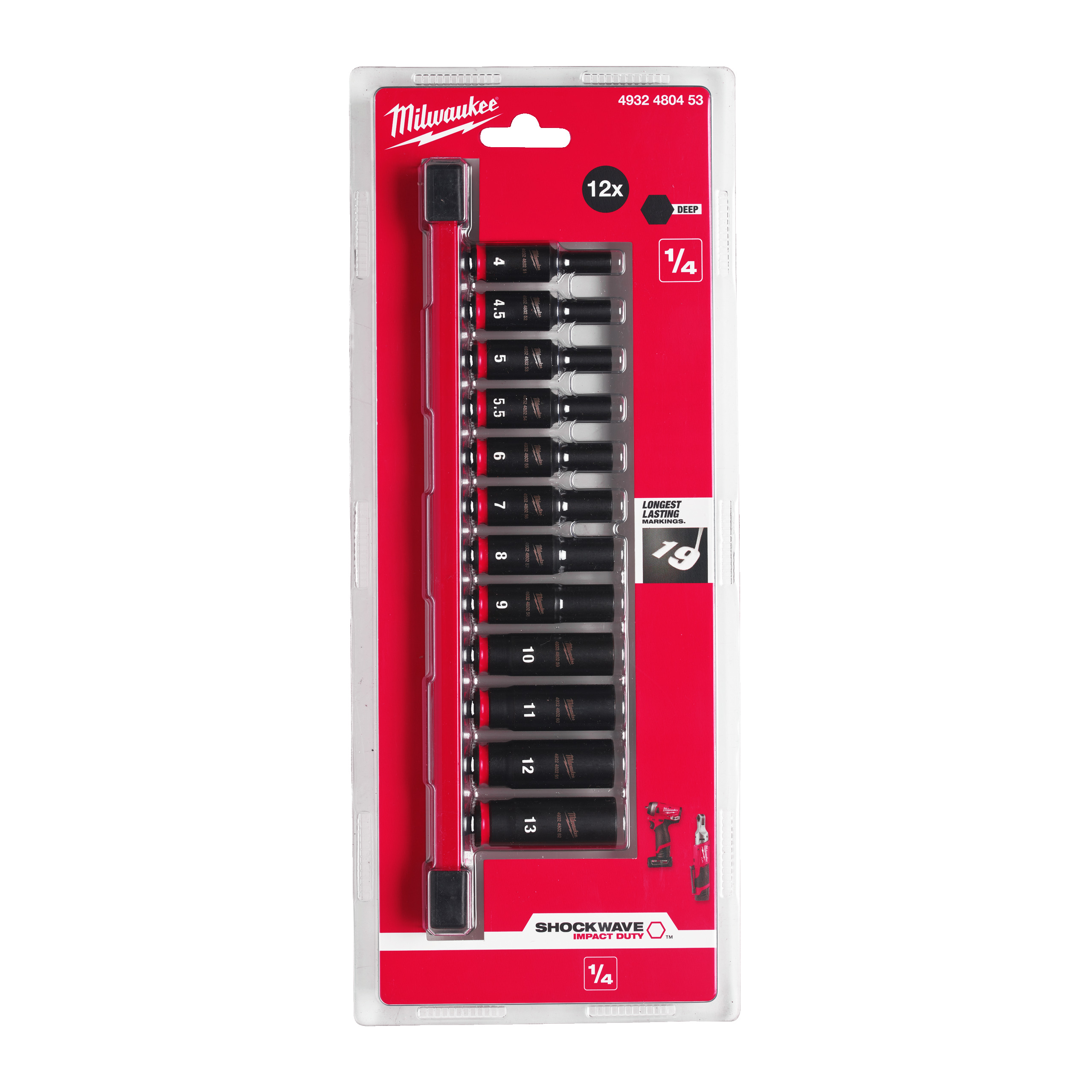 MILWAUKEE 1/4" SHOCKWAVE 12kpl hylsysarja syvä - Voimahylsyt 1/4" - 4932480453 - 2