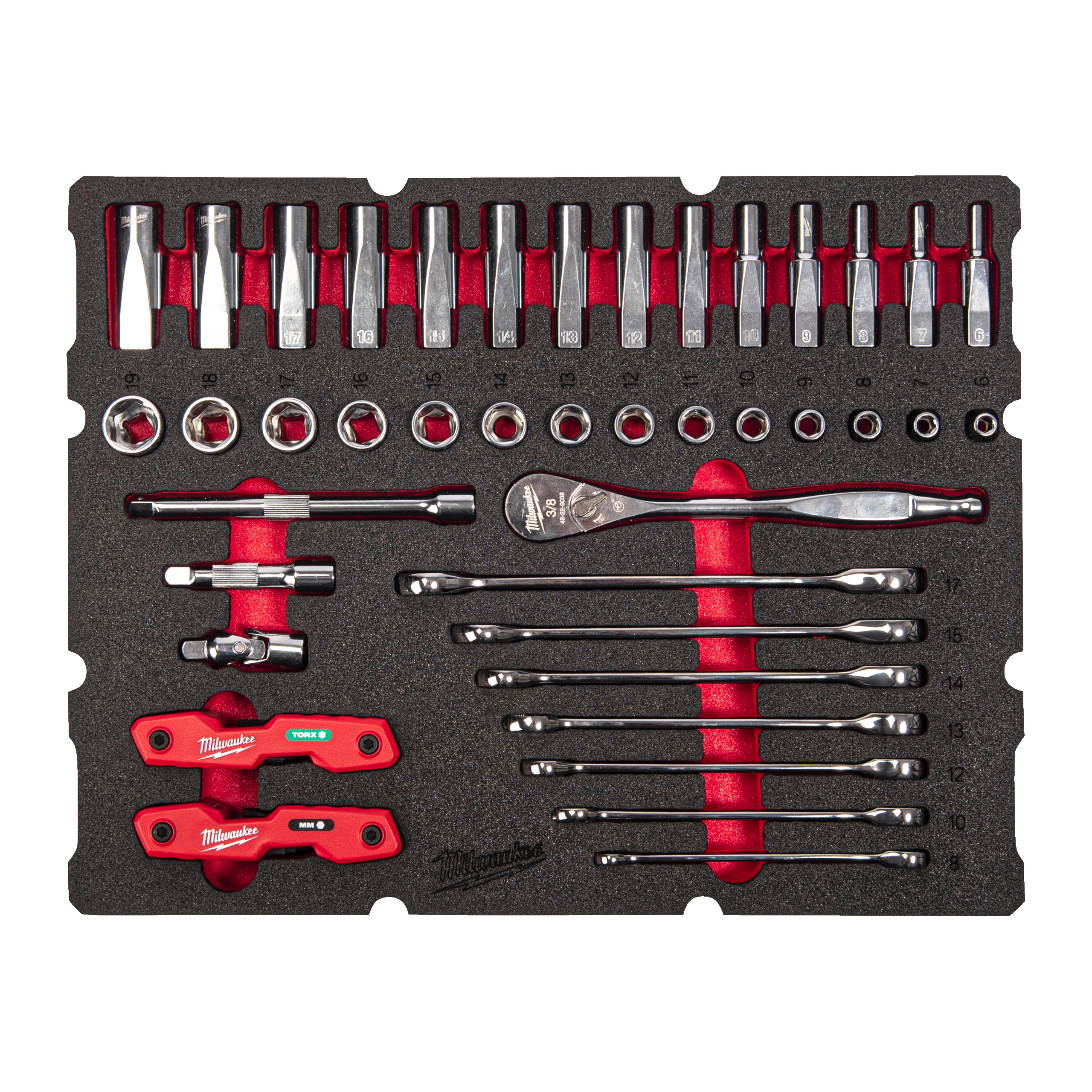 Milwaukee 55 pc Packout Drawer 3/8" Ratchet and Ratcheting Comb Spanner Foam Insert Set 4932493640