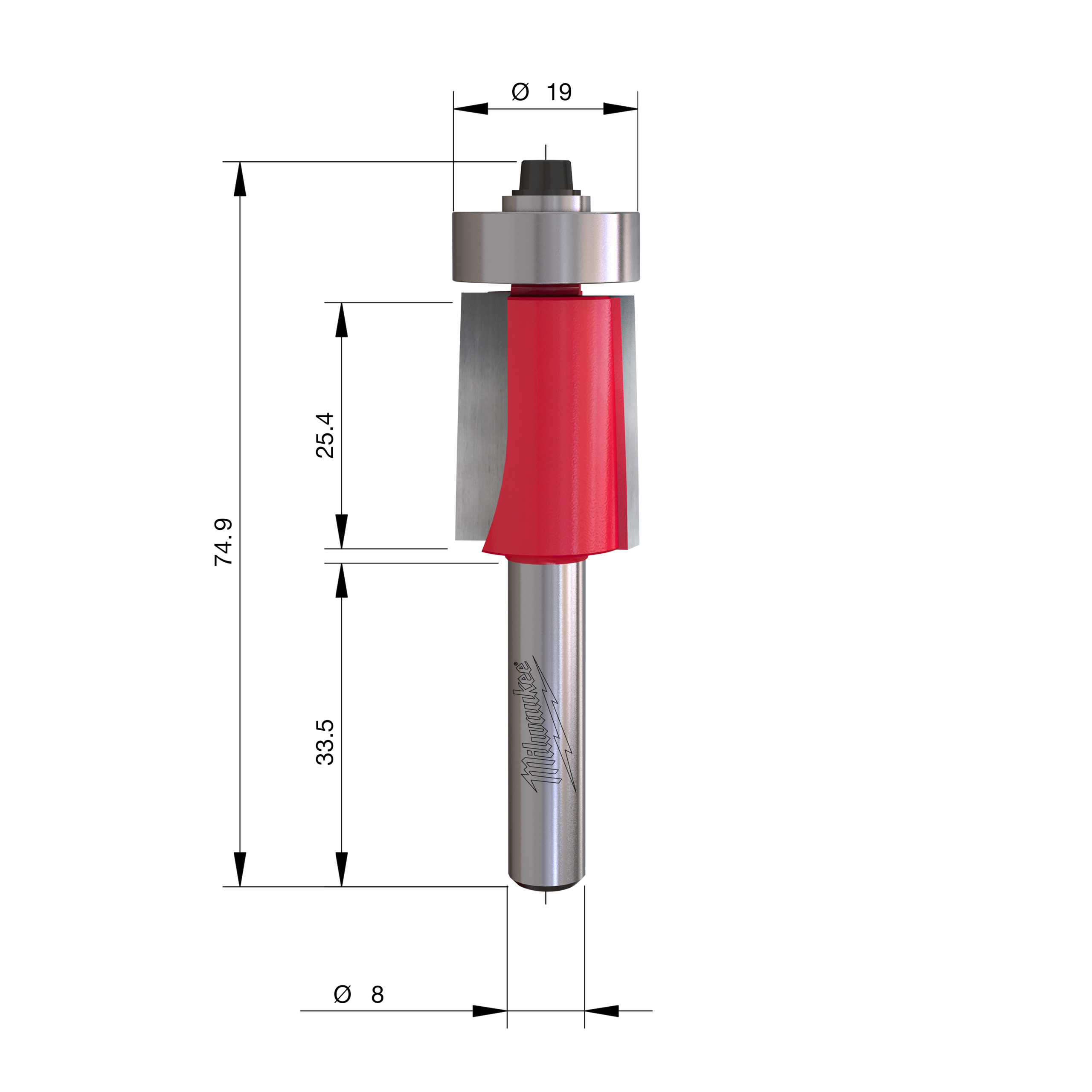 Milwaukee Zarovnávací fréza s ložiskem stopka 8 mm 19 × 74,5 mm – ⌀19 mm