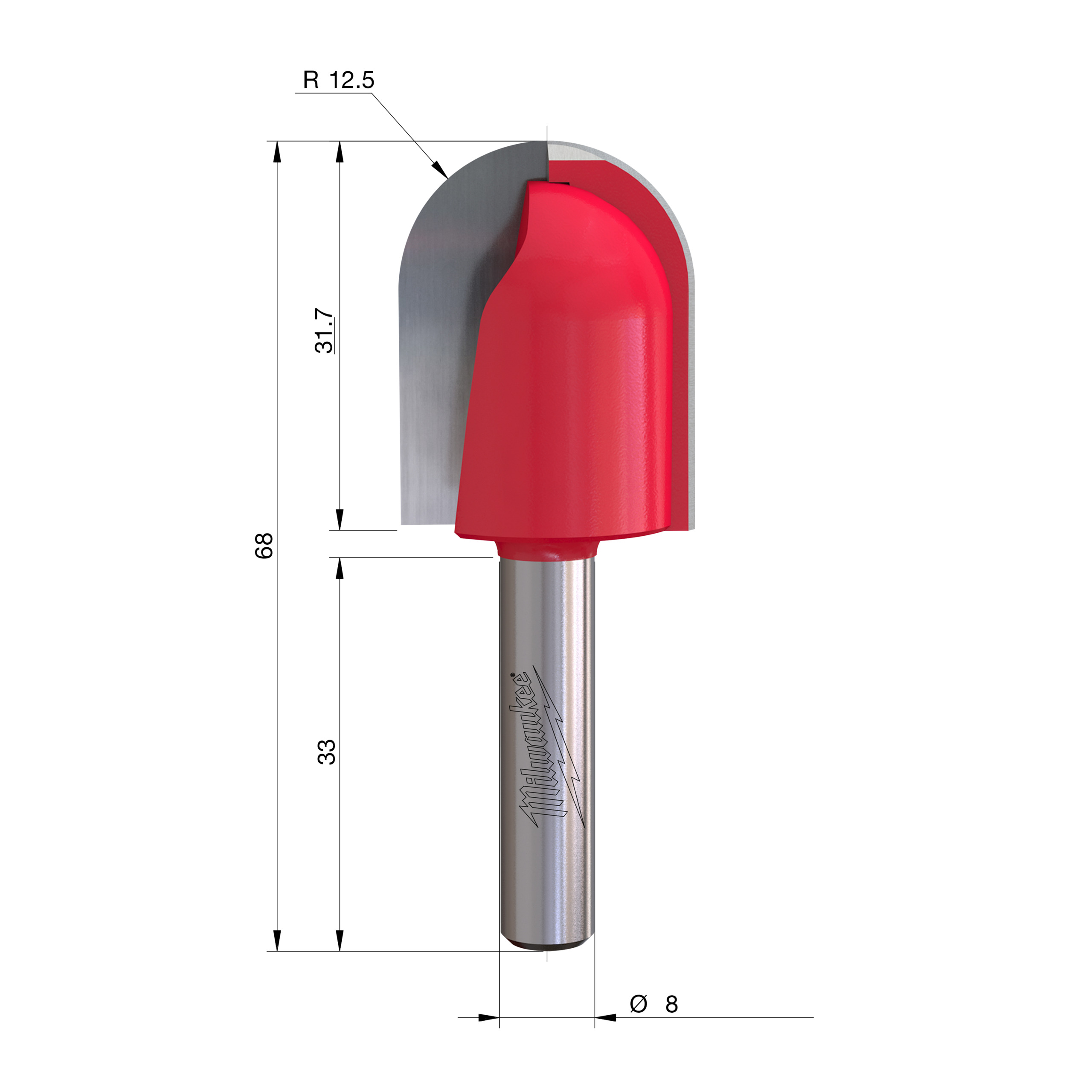 Milwaukee S8 Žlábkovací fréza s rádiusem 25 × 68 mm – ⌀25 mm
