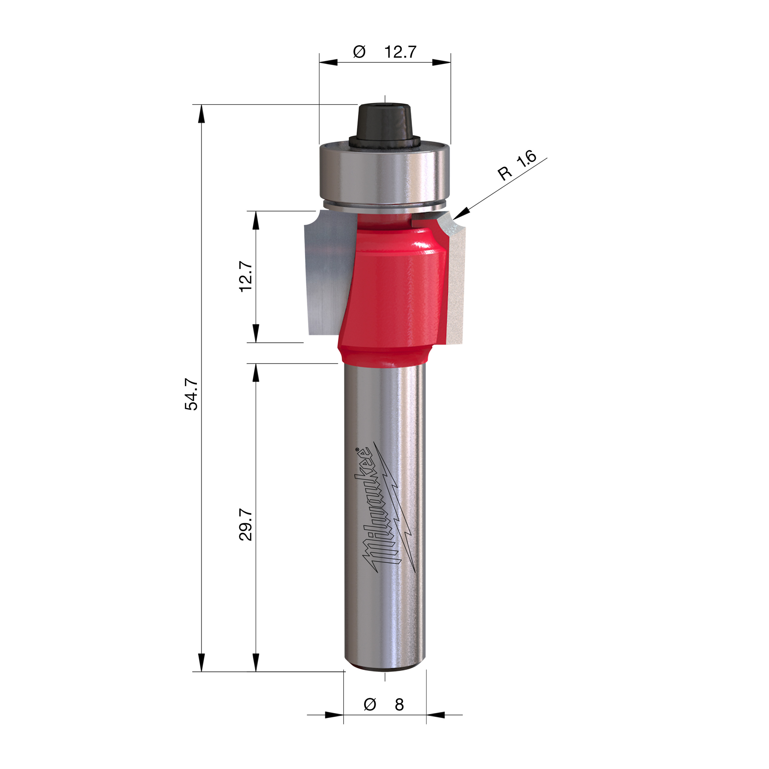Milwaukee Zaoblovací fréza stopka 8 mm 15,9 × 54 mm – ⌀15,9 mm