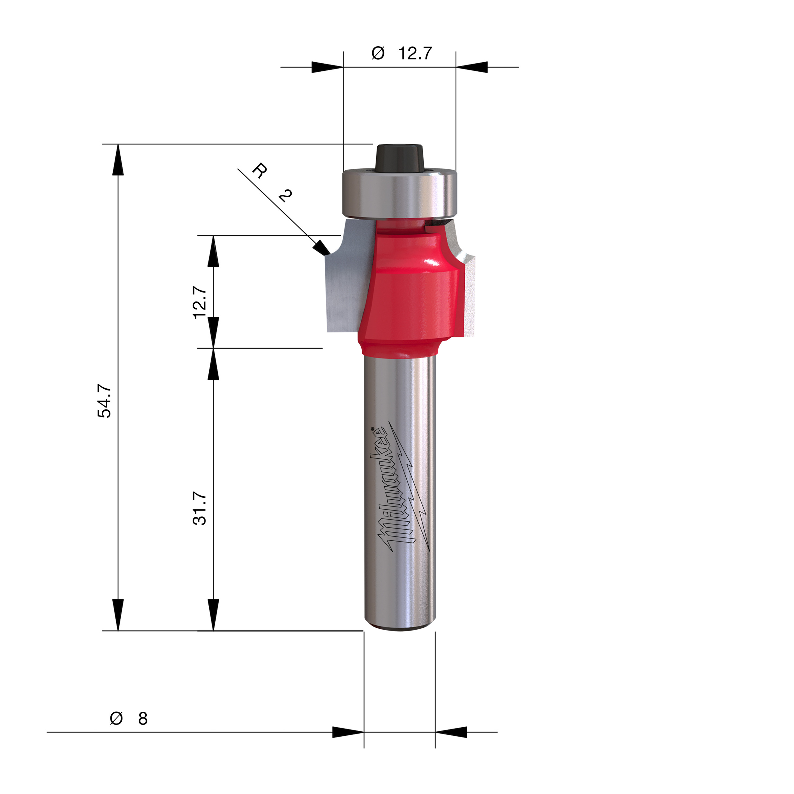 Milwaukee S8 Zaoblovací fréza 16,7 × 54,4 mm stopka 8 mm – ⌀16,7 mm